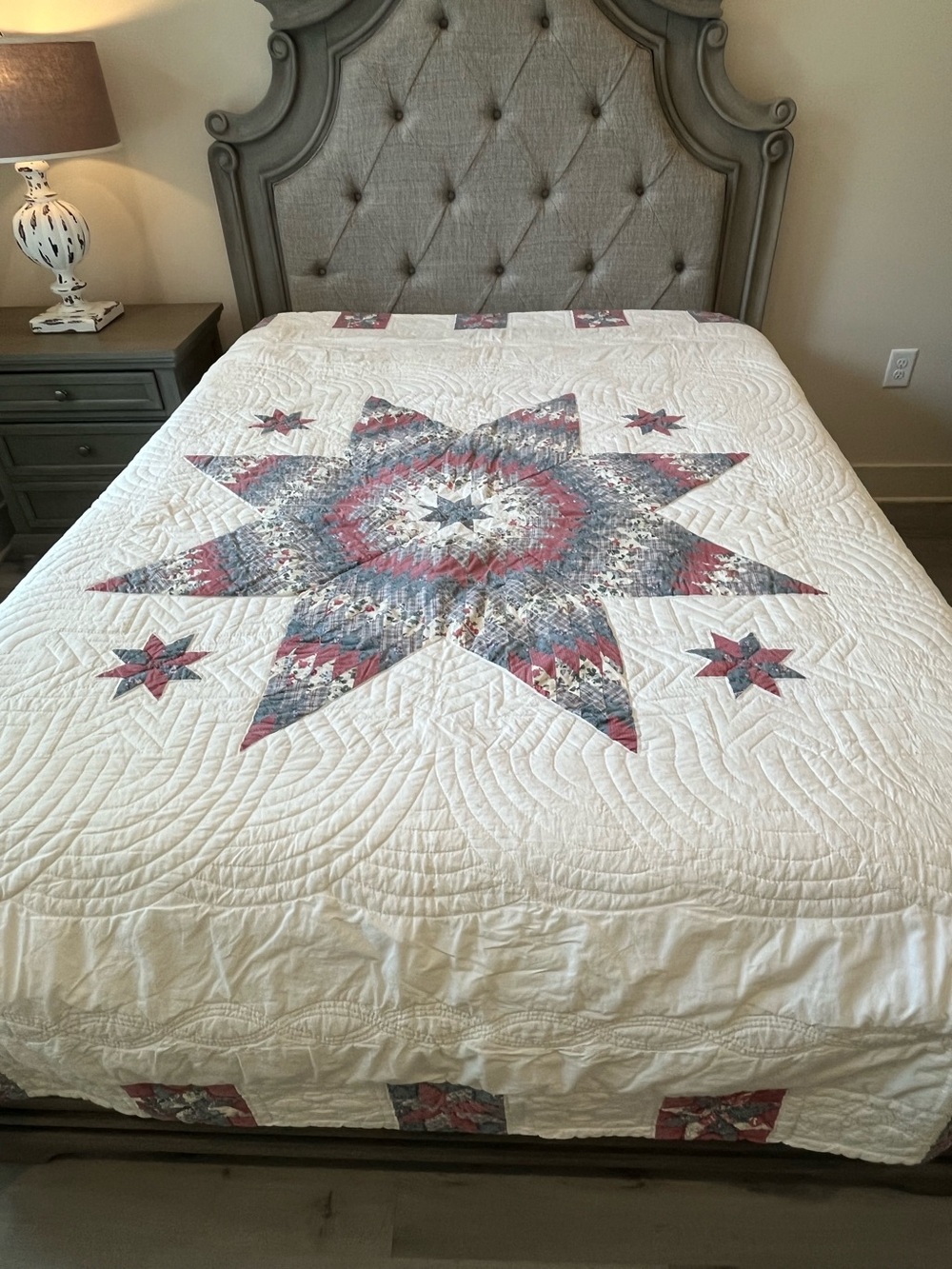 Vintage 6 Pieces Lone Star Quilt Hand Stitched Cotton Star of Bethlehem Queen